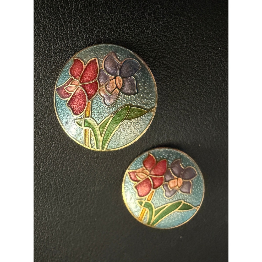 Vintage Cloisonne Floral Earrings Clip Ons Enamel Guilloche Teal Blue Floral